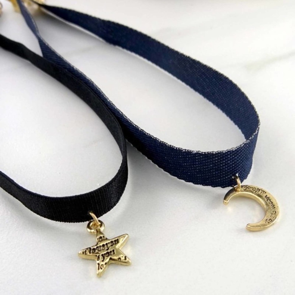 Star & Moon Choker Set Gold Charm Layered Necklace Black Blue Velvet - Picture 3 of 4